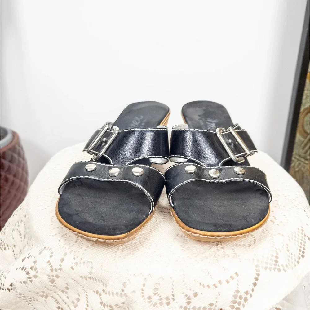 Y2K Black Wedge Mules Sandals Studded‎ Buckle Slip On Platform Onex 2000s Size 9